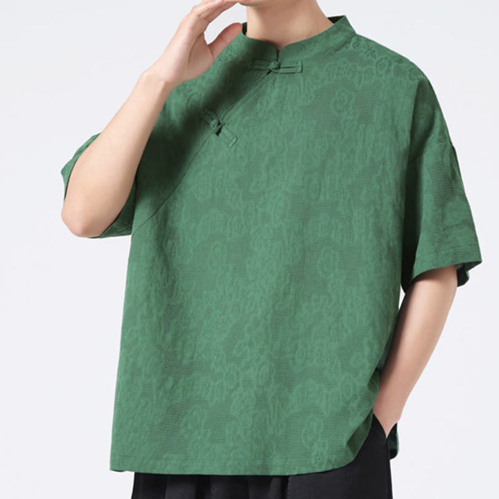 Chemise à manches courtes en coton et lin pour homme, motif floral jacquard, motif Buddha Stones, couleur pure et rétro - image 2