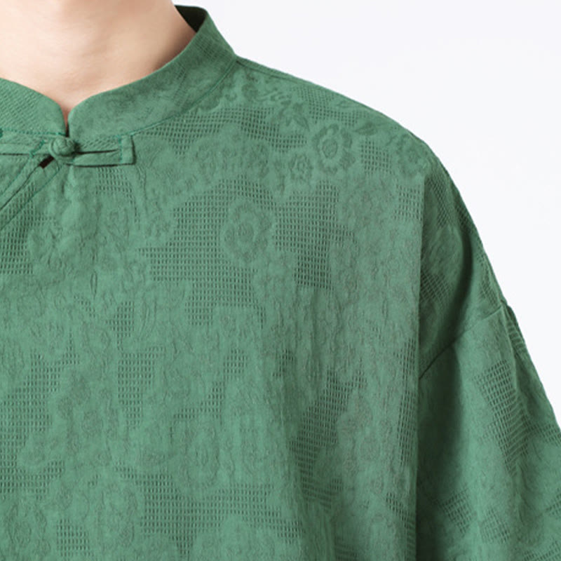 Chemise à manches courtes en coton et lin pour homme, motif floral jacquard, motif Buddha Stones, couleur pure et rétro - image 9