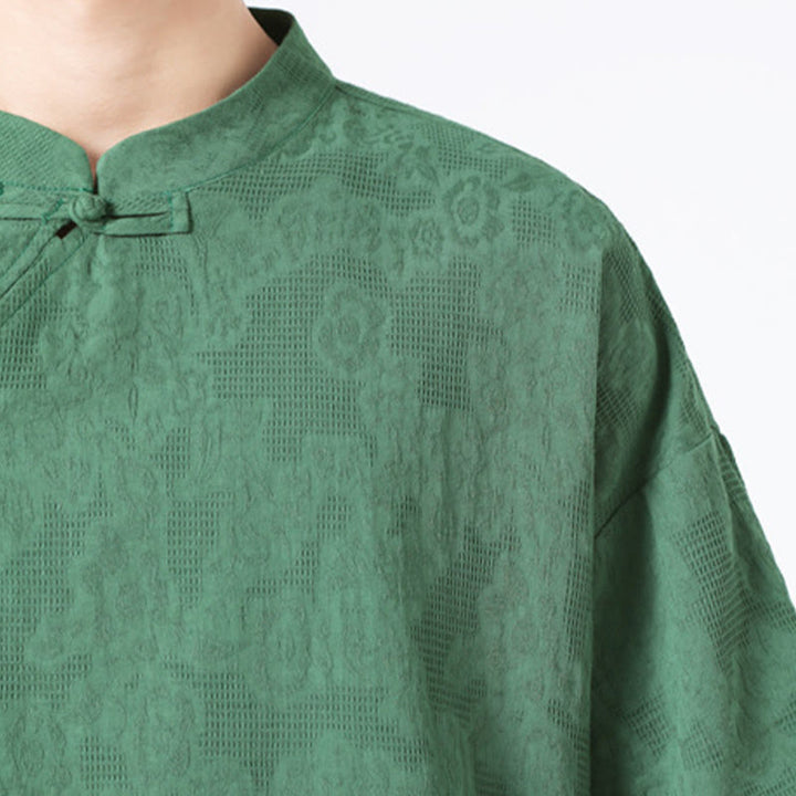 Chemise à manches courtes en coton et lin pour homme, motif floral jacquard, motif Buddha Stones, couleur pure et rétro - image 9