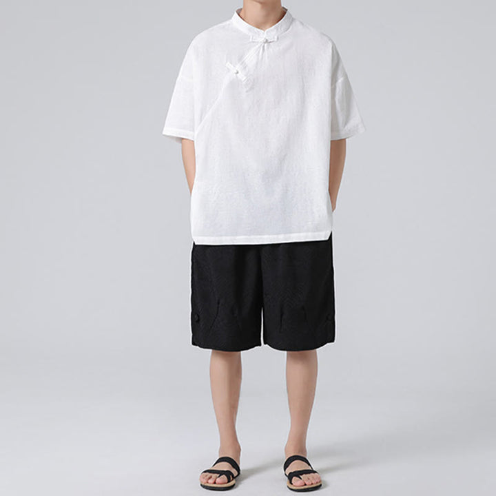 Chemise à manches courtes en coton et lin pour homme, motif floral jacquard, motif Buddha Stones, couleur pure et rétro - image 23