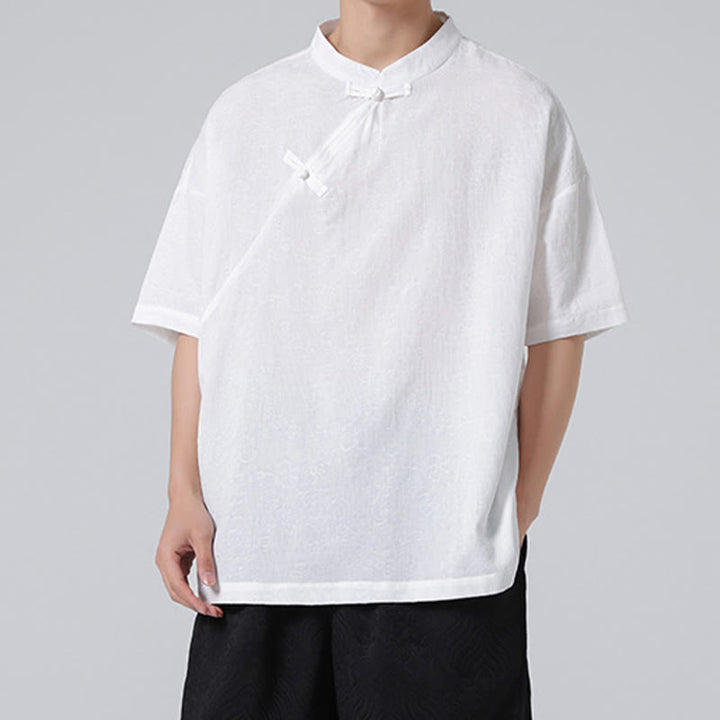 Chemise à manches courtes en coton et lin pour homme, motif floral jacquard, motif Buddha Stones, couleur pure et rétro - image 18