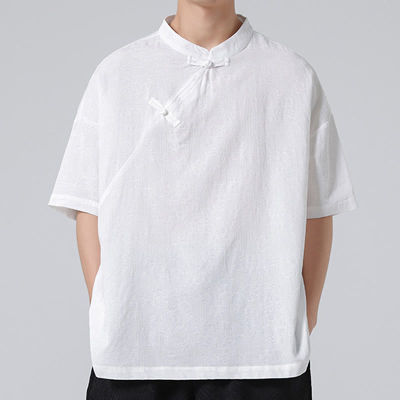 Chemise à manches courtes en coton et lin pour homme, motif floral jacquard, motif Buddha Stones, couleur pure et rétro - image 16