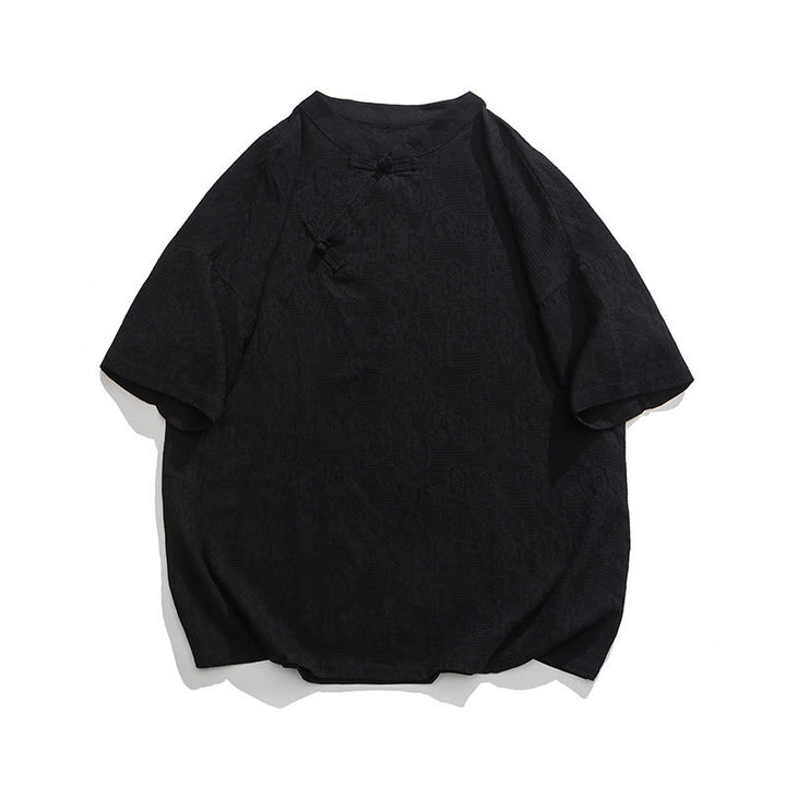 Chemise à manches courtes en coton et lin pour homme, motif floral jacquard, motif Buddha Stones, couleur pure et rétro - Noir - US/UK/AU46，EU56 (5XL) - image 24