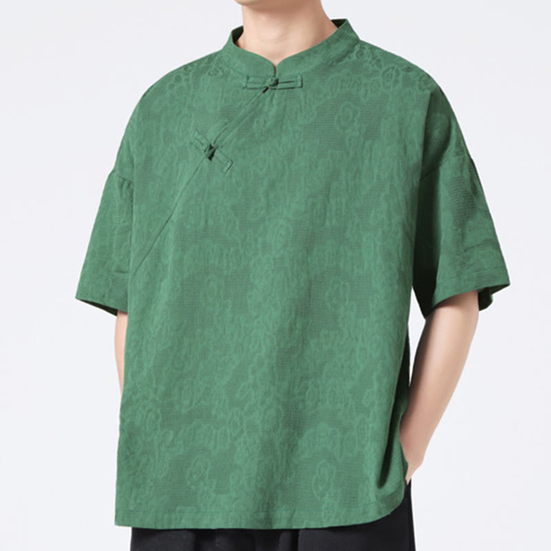 Chemise à manches courtes en coton et lin pour homme, motif floral jacquard, motif Buddha Stones, couleur pure et rétro - image 3