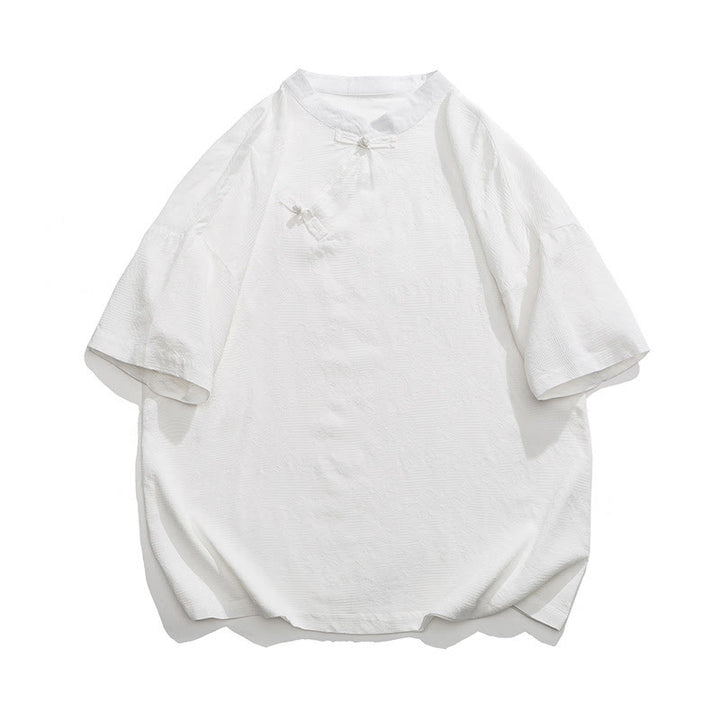 Chemise à manches courtes en coton et lin pour homme, motif floral jacquard, motif Buddha Stones, couleur pure et rétro - Blanc - US/UK/AU46，EU56 (5XL) - image 14