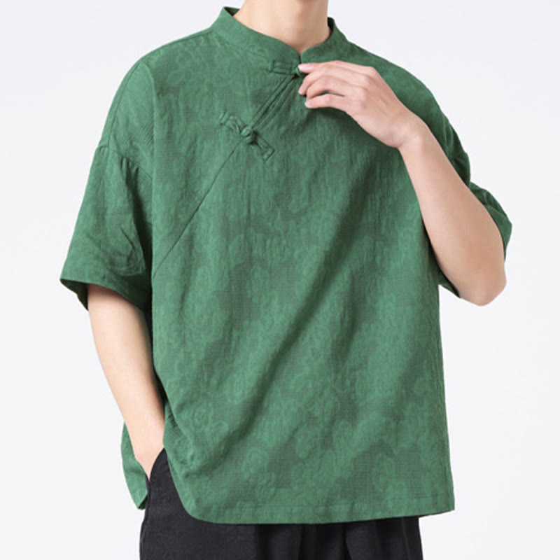 Chemise à manches courtes en coton et lin pour homme, motif floral jacquard, motif Buddha Stones, couleur pure et rétro - Vert de mer - US/UK/AU46，EU56 (5XL) - image 0