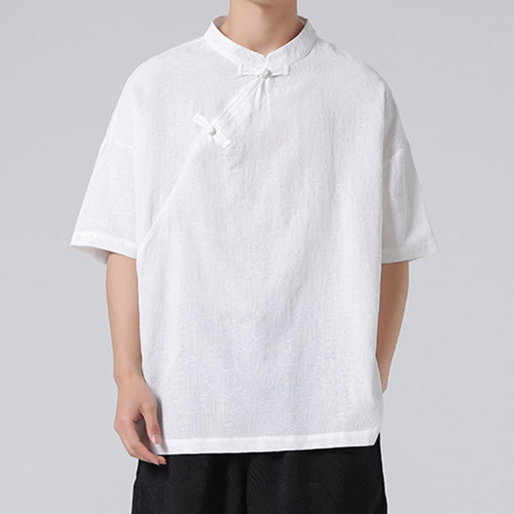 Chemise à manches courtes en coton et lin pour homme, motif floral jacquard, motif Buddha Stones, couleur pure et rétro - image 19