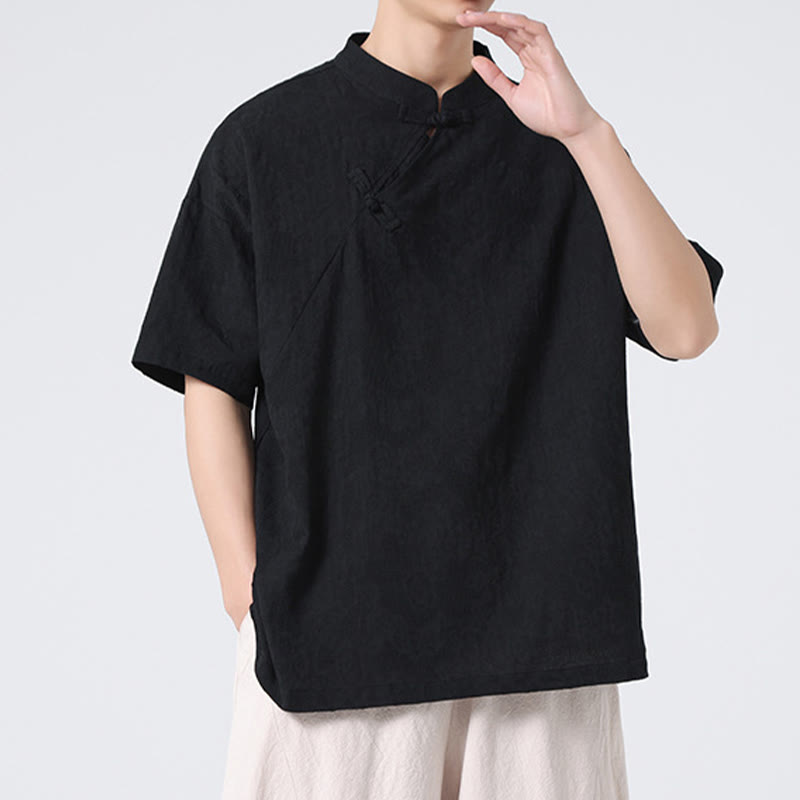 Chemise à manches courtes en coton et lin pour homme, motif floral jacquard, motif Buddha Stones, couleur pure et rétro - image 27