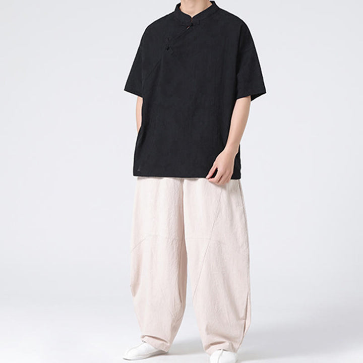 Chemise à manches courtes en coton et lin pour homme, motif floral jacquard, motif Buddha Stones, couleur pure et rétro - image 32