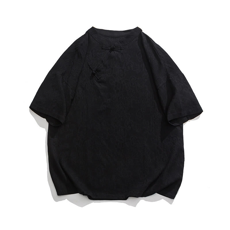 Chemise à manches courtes en coton et lin pour homme, motif floral jacquard, motif Buddha Stones, couleur pure et rétro - Noir - US/UK/AU46，EU56 (5XL) - image 24