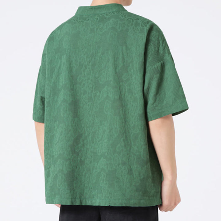 Chemise à manches courtes en coton et lin pour homme, motif floral jacquard, motif Buddha Stones, couleur pure et rétro - image 4