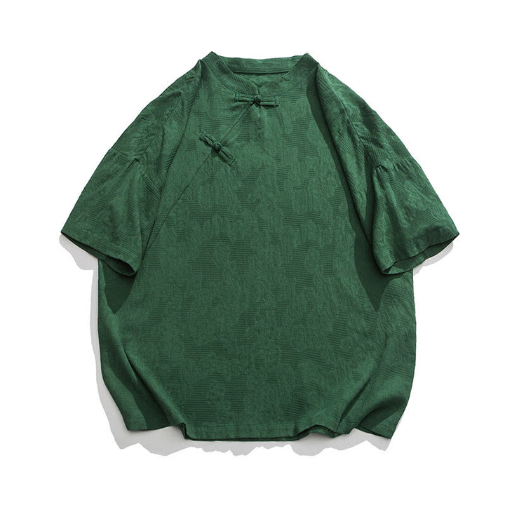 Chemise à manches courtes en coton et lin pour homme, motif floral jacquard, motif Buddha Stones, couleur pure et rétro - image 13