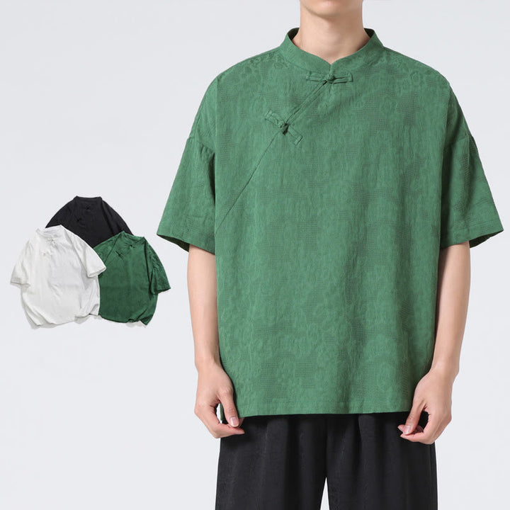 Chemise à manches courtes en coton et lin pour homme, motif floral jacquard, motif Buddha Stones, couleur pure et rétro - image 6