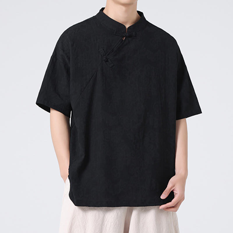 Chemise à manches courtes en coton et lin pour homme, motif floral jacquard, motif Buddha Stones, couleur pure et rétro - image 31