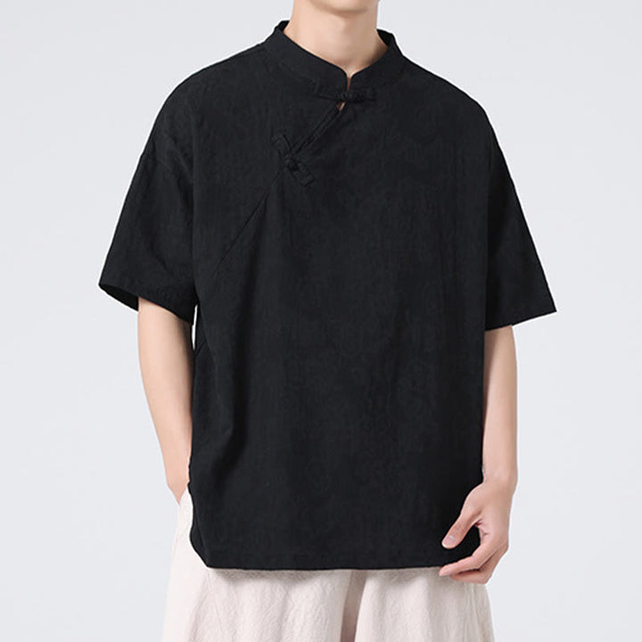 Chemise à manches courtes en coton et lin pour homme, motif floral jacquard, motif Buddha Stones, couleur pure et rétro - image 31