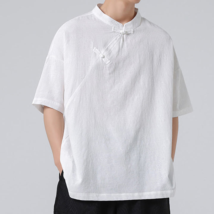 Chemise à manches courtes en coton et lin pour homme, motif floral jacquard, motif Buddha Stones, couleur pure et rétro - image 22