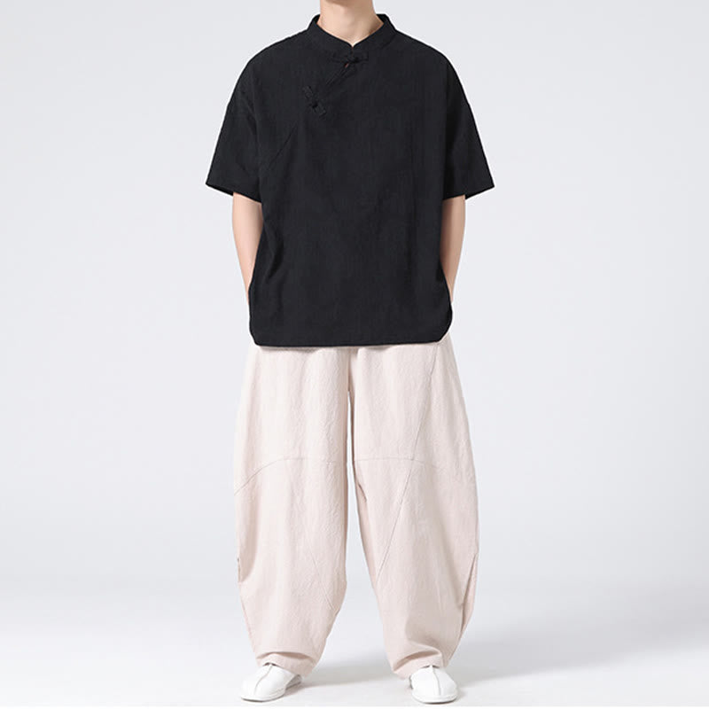 Chemise à manches courtes en coton et lin pour homme, motif floral jacquard, motif Buddha Stones, couleur pure et rétro - image 33