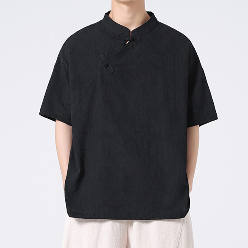 Chemise à manches courtes en coton et lin pour homme, motif floral jacquard, motif Buddha Stones, couleur pure et rétro - image 28