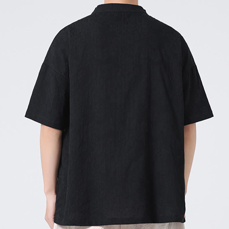 Chemise à manches courtes en coton et lin pour homme, motif floral jacquard, motif Buddha Stones, couleur pure et rétro - image 29