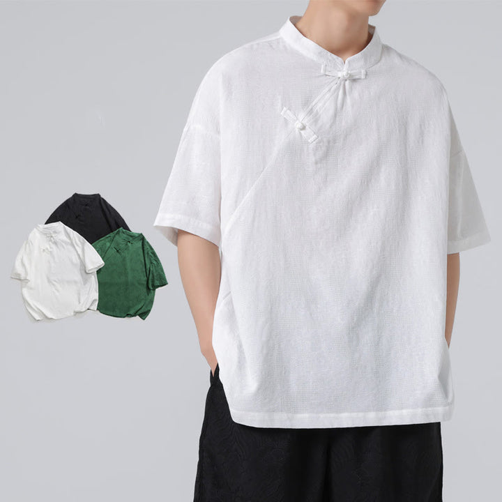 Chemise à manches courtes en coton et lin pour homme, motif floral jacquard, motif Buddha Stones, couleur pure et rétro - image 15