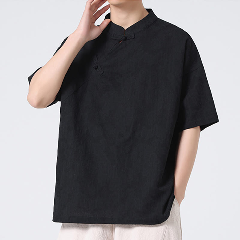 Chemise à manches courtes en coton et lin pour homme, motif floral jacquard, motif Buddha Stones, couleur pure et rétro - image 26