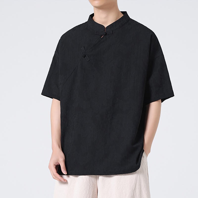 Chemise à manches courtes en coton et lin pour homme, motif floral jacquard, motif Buddha Stones, couleur pure et rétro - image 30