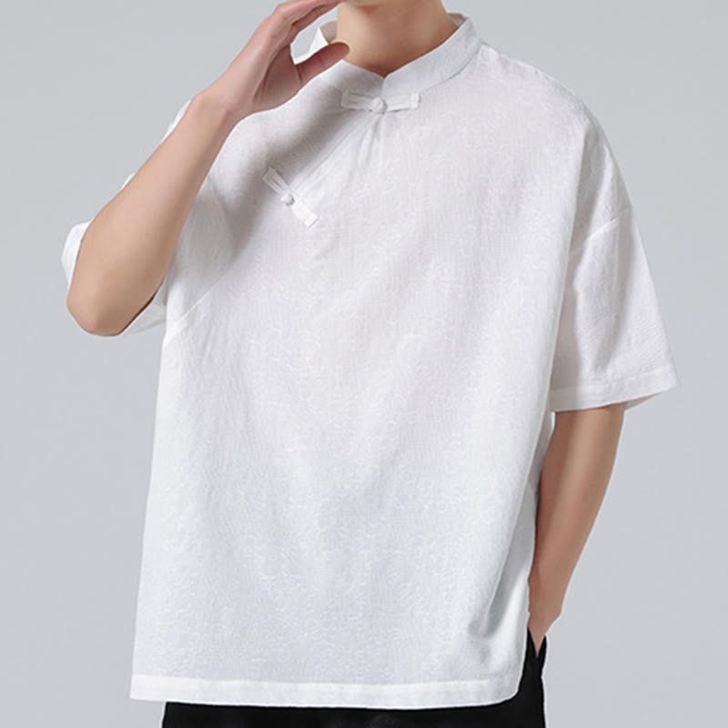 Chemise à manches courtes en coton et lin pour homme, motif floral jacquard, motif Buddha Stones, couleur pure et rétro - image 20