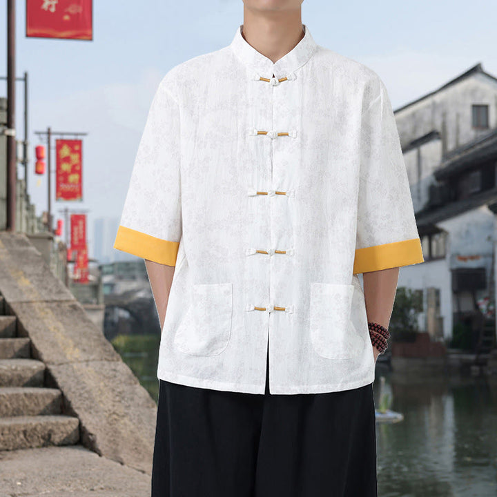 Chemise en coton à manches mi-longues et poches pour homme, motif floral rétro imprimé Buddha Stones, bouton grenouille, col montant - Blanc - US/UK/AU46，EU56 (5XL) - image 7