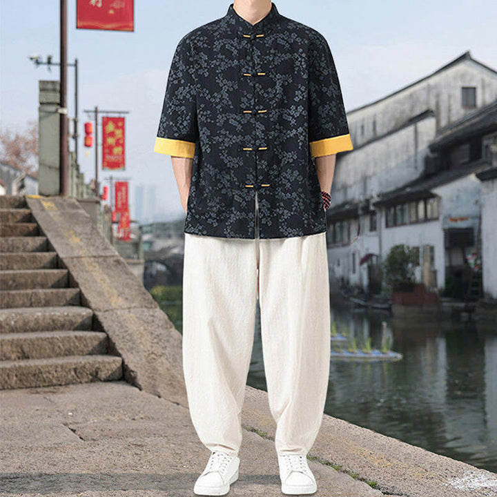 Chemise en coton à manches mi-longues et poches pour homme, motif floral rétro imprimé Buddha Stones, bouton grenouille, col montant - image 6