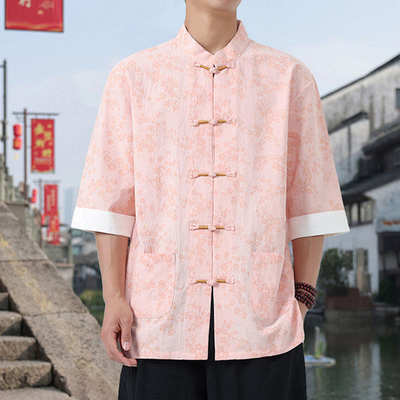 Chemise en coton à manches mi-longues et poches pour homme, motif floral rétro imprimé Buddha Stones, bouton grenouille, col montant - Rose - US/UK/AU46，EU56 (5XL) - image 11