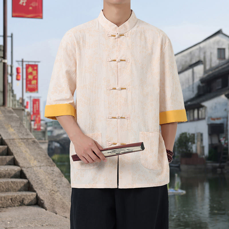 Chemise en coton à manches mi-longues et poches pour homme, motif floral rétro imprimé Buddha Stones, bouton grenouille, col montant - PapayaWhip - US/UK/AU46，EU56 (5XL) - image 14