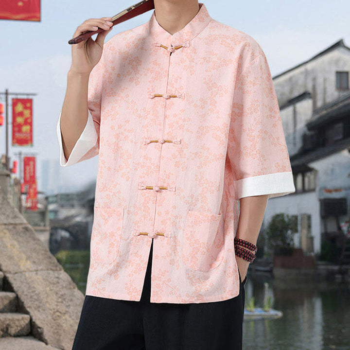 Chemise en coton à manches mi-longues et poches pour homme, motif floral rétro imprimé Buddha Stones, bouton grenouille, col montant - image 12