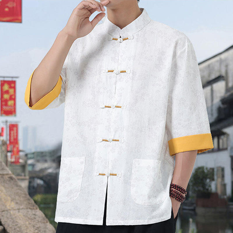 Chemise en coton à manches mi-longues et poches pour homme, motif floral rétro imprimé Buddha Stones, bouton grenouille, col montant - image 9