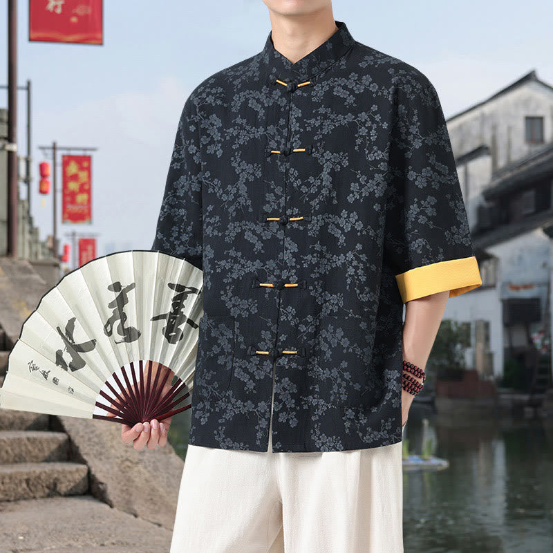Chemise en coton à manches mi-longues et poches pour homme, motif floral rétro imprimé Buddha Stones, bouton grenouille, col montant - image 1