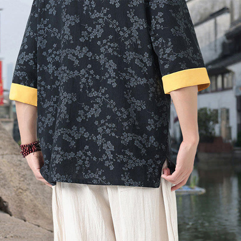 Chemise en coton à manches mi-longues et poches pour homme, motif floral rétro imprimé Buddha Stones, bouton grenouille, col montant - image 4