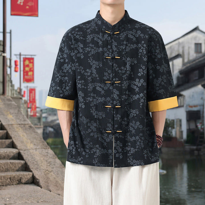 Chemise en coton à manches mi-longues et poches pour homme, motif floral rétro imprimé Buddha Stones, bouton grenouille, col montant - image 2