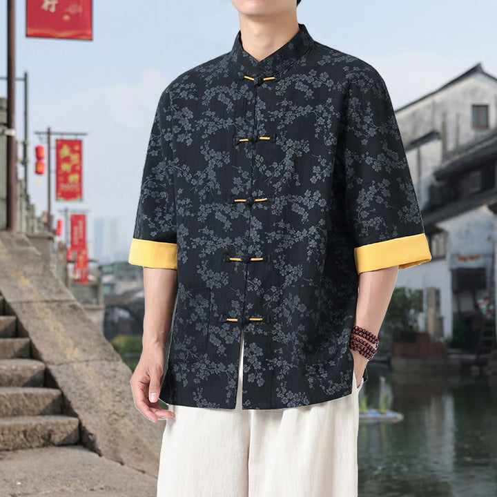 Chemise en coton à manches mi-longues et poches pour homme, motif floral rétro imprimé Buddha Stones, bouton grenouille, col montant - Noir - US/UK/AU46，EU56 (5XL) - image 0
