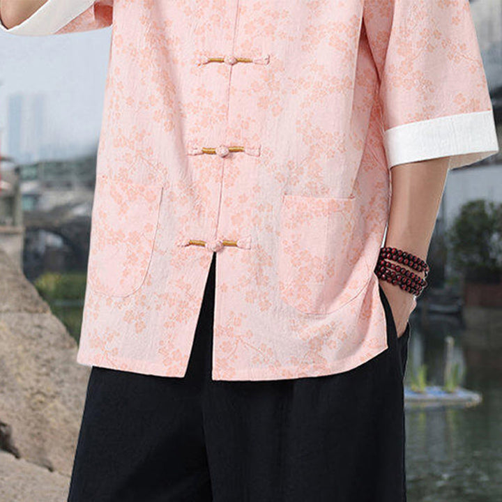 Chemise en coton à manches mi-longues et poches pour homme, motif floral rétro imprimé Buddha Stones, bouton grenouille, col montant - image 13