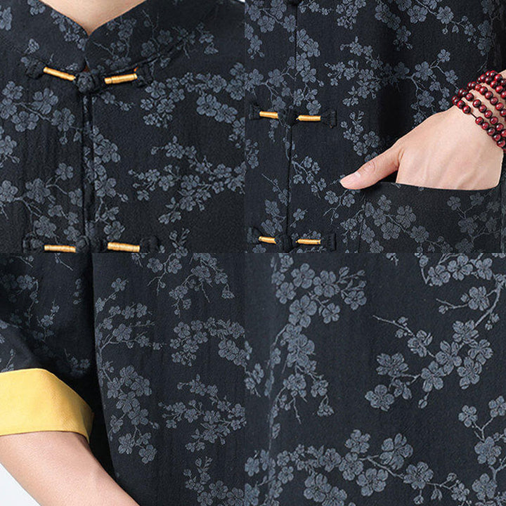 Chemise en coton à manches mi-longues et poches pour homme, motif floral rétro imprimé Buddha Stones, bouton grenouille, col montant - image 5