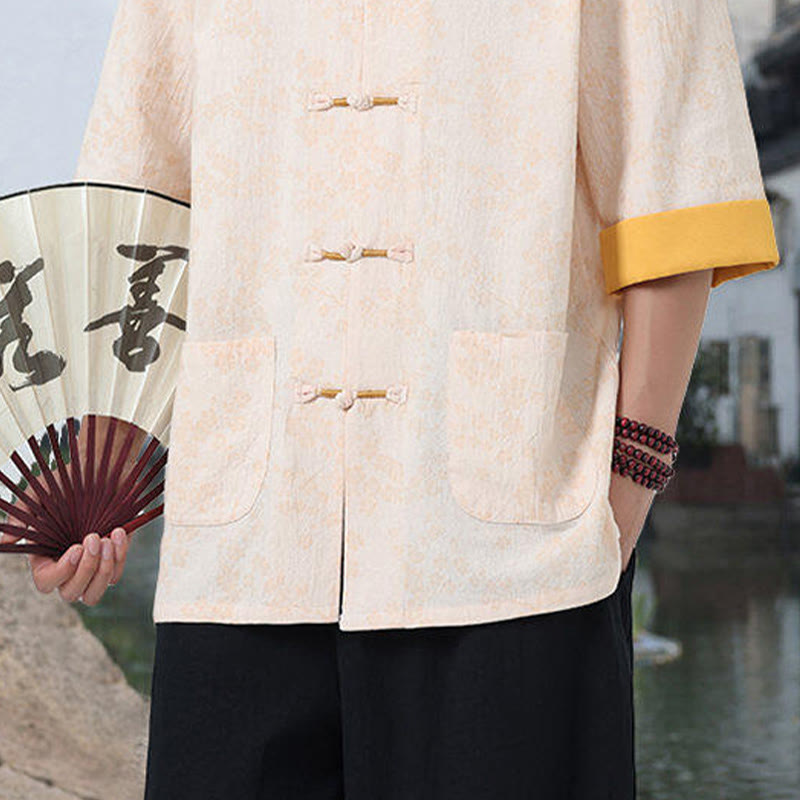 Chemise en coton à manches mi-longues et poches pour homme, motif floral rétro imprimé Buddha Stones, bouton grenouille, col montant - image 15