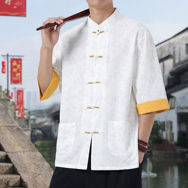 Chemise en coton à manches mi-longues et poches pour homme, motif floral rétro imprimé Buddha Stones, bouton grenouille, col montant - image 8