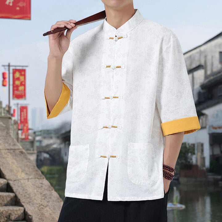 Chemise en coton à manches mi-longues et poches pour homme, motif floral rétro imprimé Buddha Stones, bouton grenouille, col montant - image 8