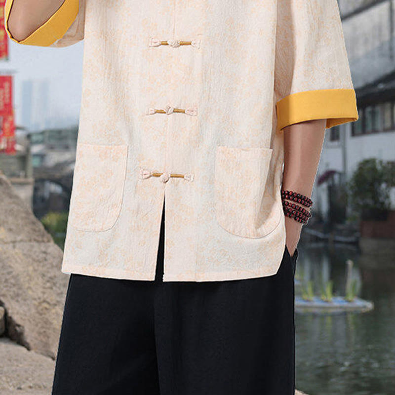 Chemise en coton à manches mi-longues et poches pour homme, motif floral rétro imprimé Buddha Stones, bouton grenouille, col montant - image 16