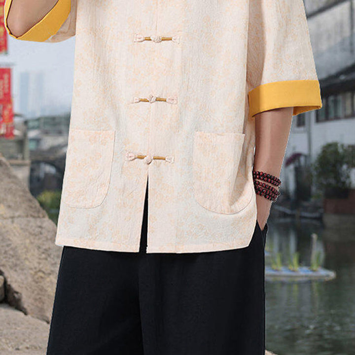 Chemise en coton à manches mi-longues et poches pour homme, motif floral rétro imprimé Buddha Stones, bouton grenouille, col montant - image 16