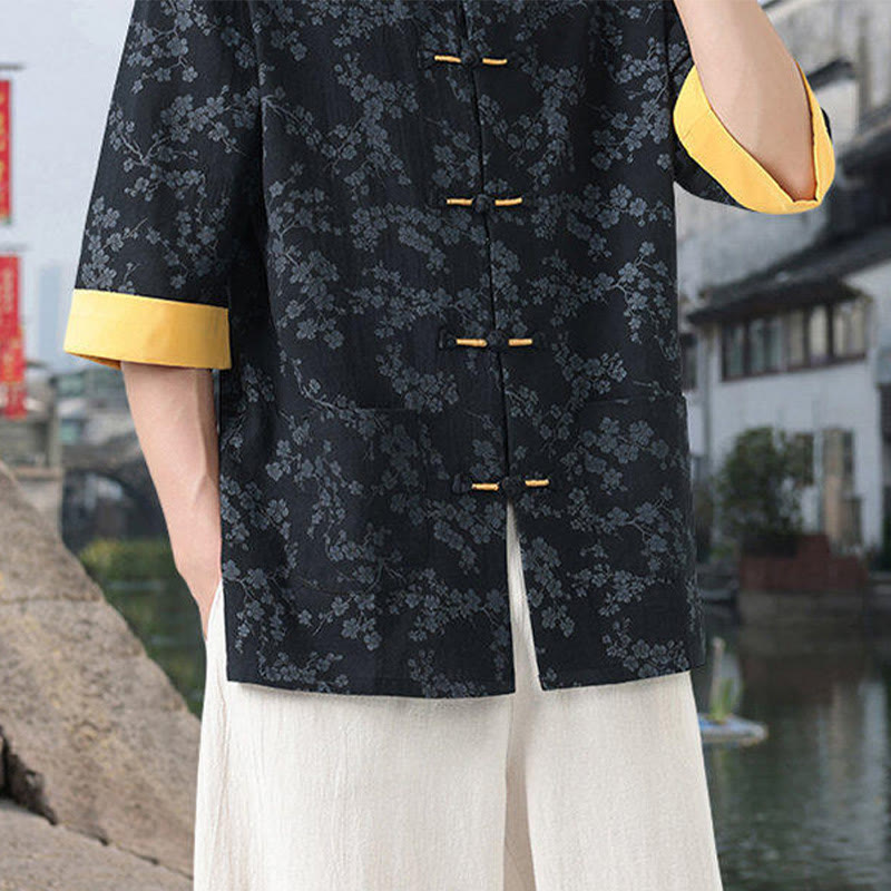 Chemise en coton à manches mi-longues et poches pour homme, motif floral rétro imprimé Buddha Stones, bouton grenouille, col montant - image 3