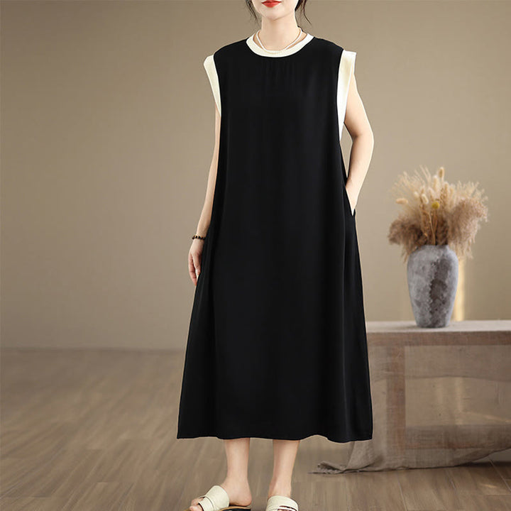 Robe mi-longue fendue sans manches en coton avec poches et motif Buddha Stones - Noir - US12，UK/AU16，EU44 (2XL) - image 0