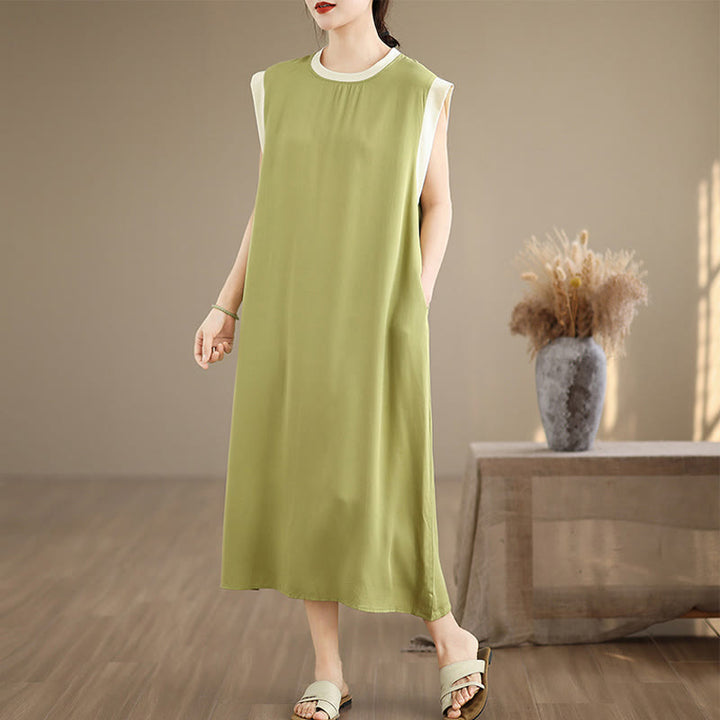 Robe mi-longue fendue sans manches en coton avec poches et motif Buddha Stones - JauneVert - US12，UK/AU16，EU44 (2XL) - image 7