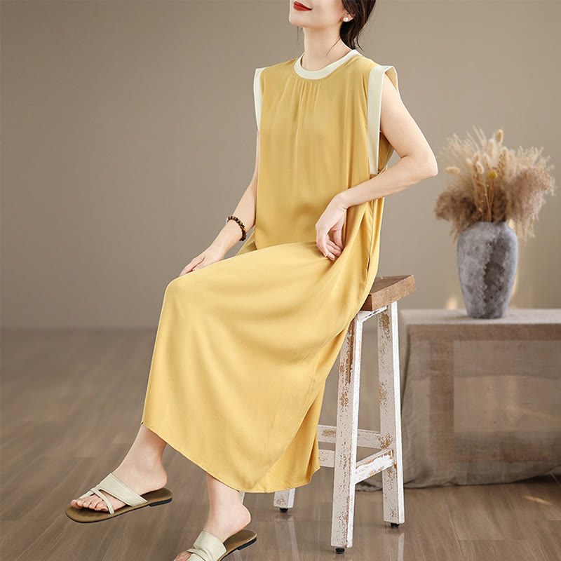 Robe mi-longue fendue sans manches en coton avec poches et motif Buddha Stones - Or - US12，UK/AU16，EU44 (2XL) - image 27