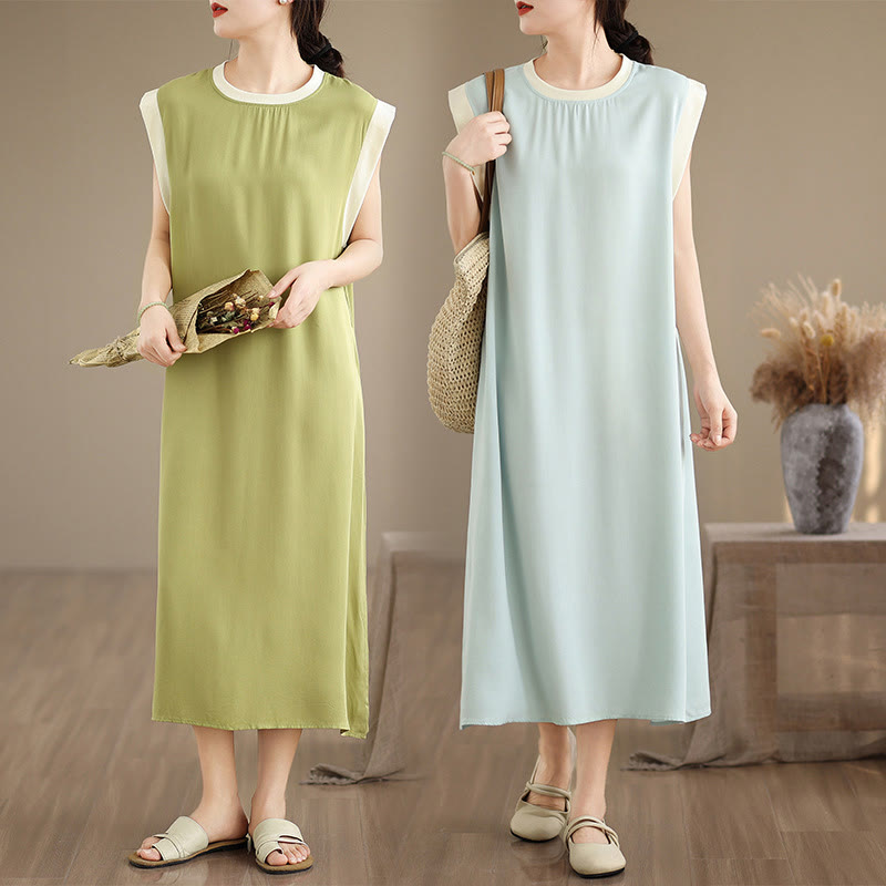 Robe mi-longue fendue sans manches en coton avec poches et motif Buddha Stones - image 38