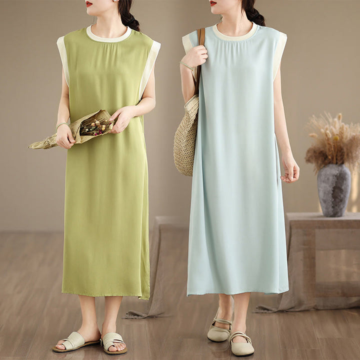 Robe mi-longue fendue sans manches en coton avec poches et motif Buddha Stones - image 38
